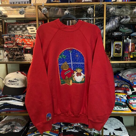 Vintage 90s Cute Teddy Bears Snowfall Christmas Sweater Crewneck Red XL - Picture 1 of 5